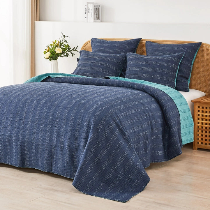 Reversible Stitched Kantha Quilt - Throw/Twin