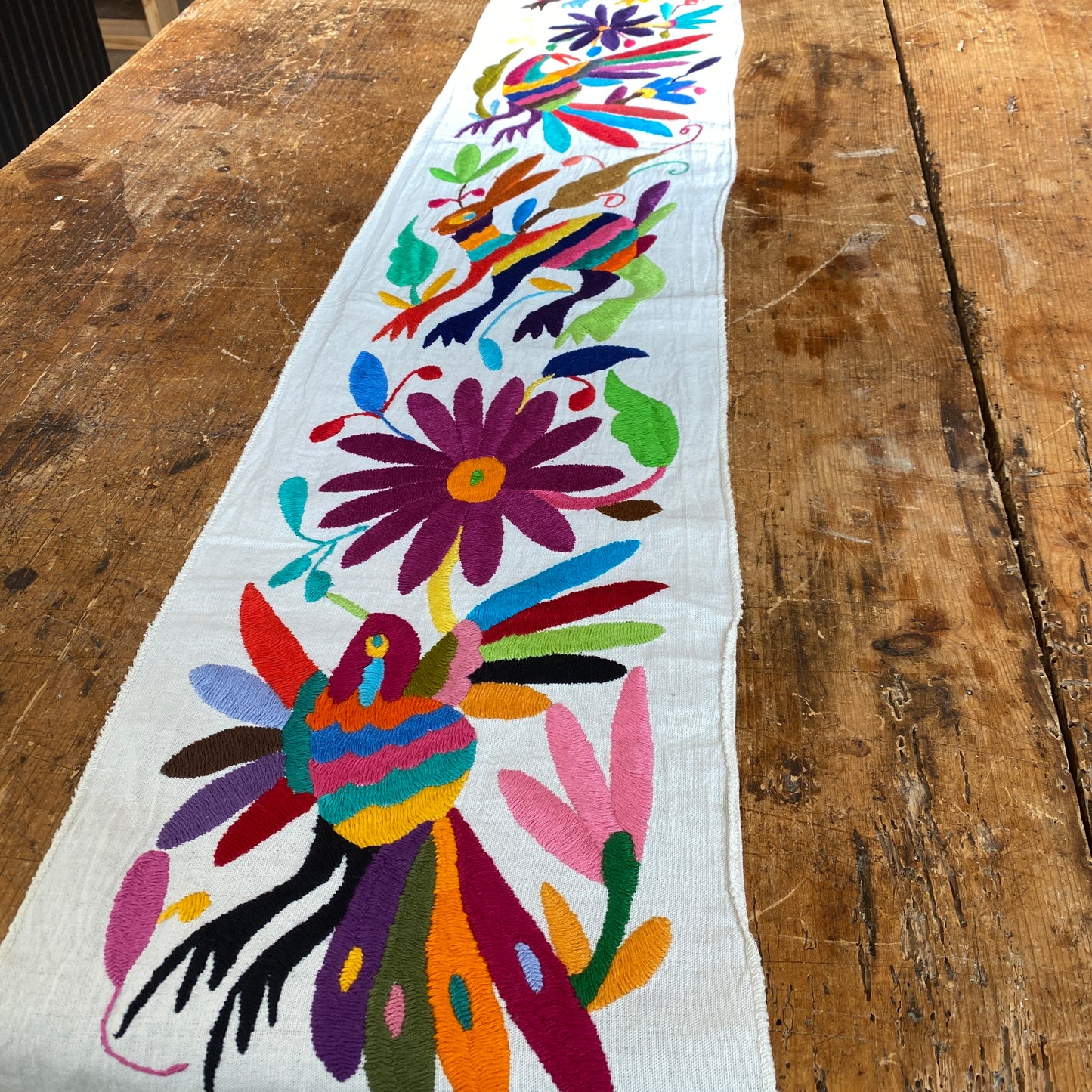 Small Otomi Table Runner- Multicolor Flowers and Animals B