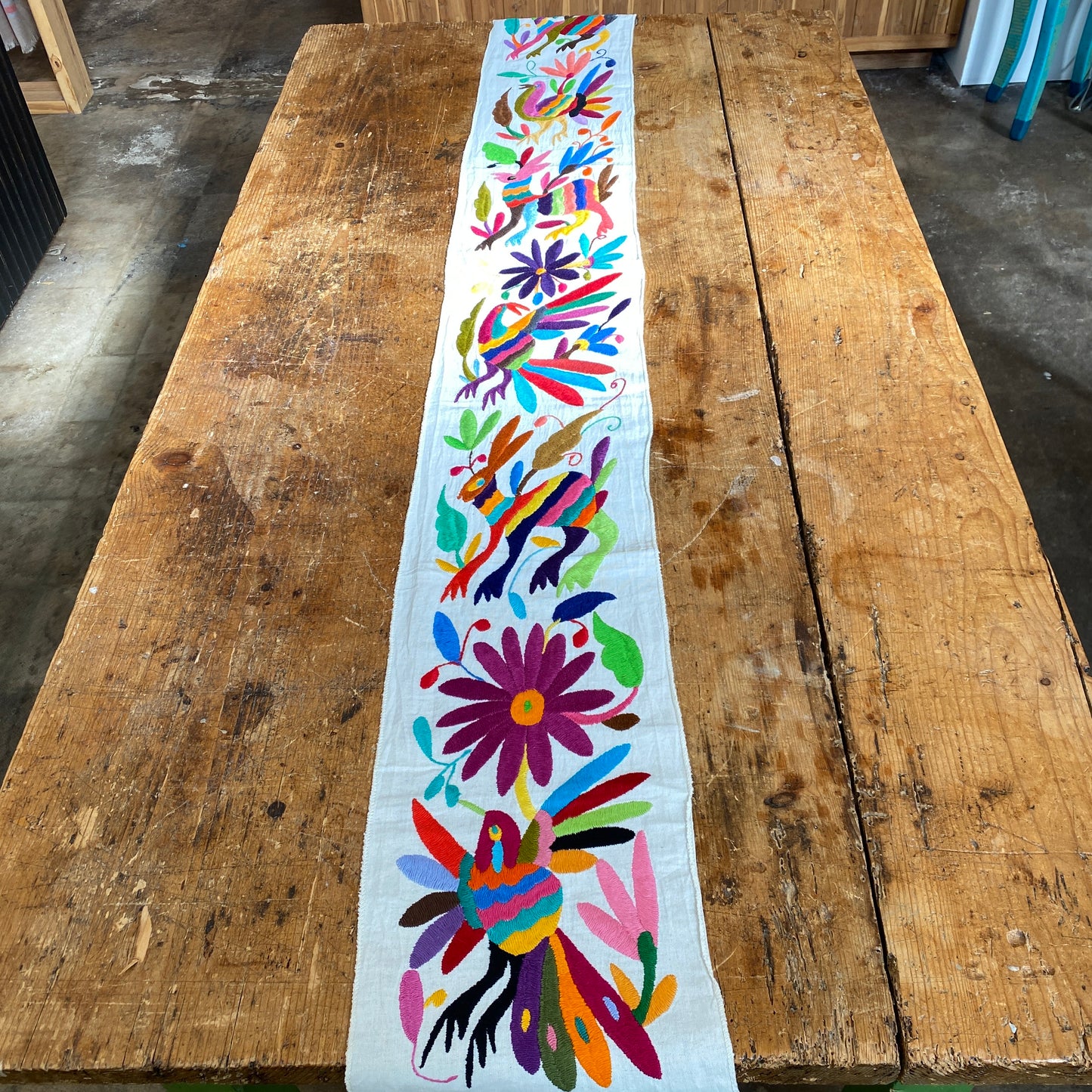 Small Otomi Table Runner- Multicolor Flowers and Animals B