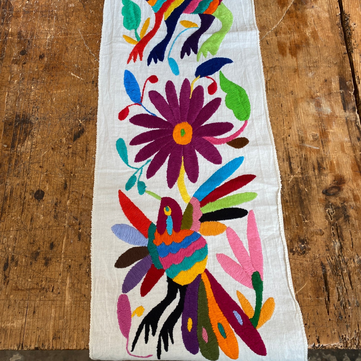 Small Otomi Table Runner- Multicolor Flowers and Animals B