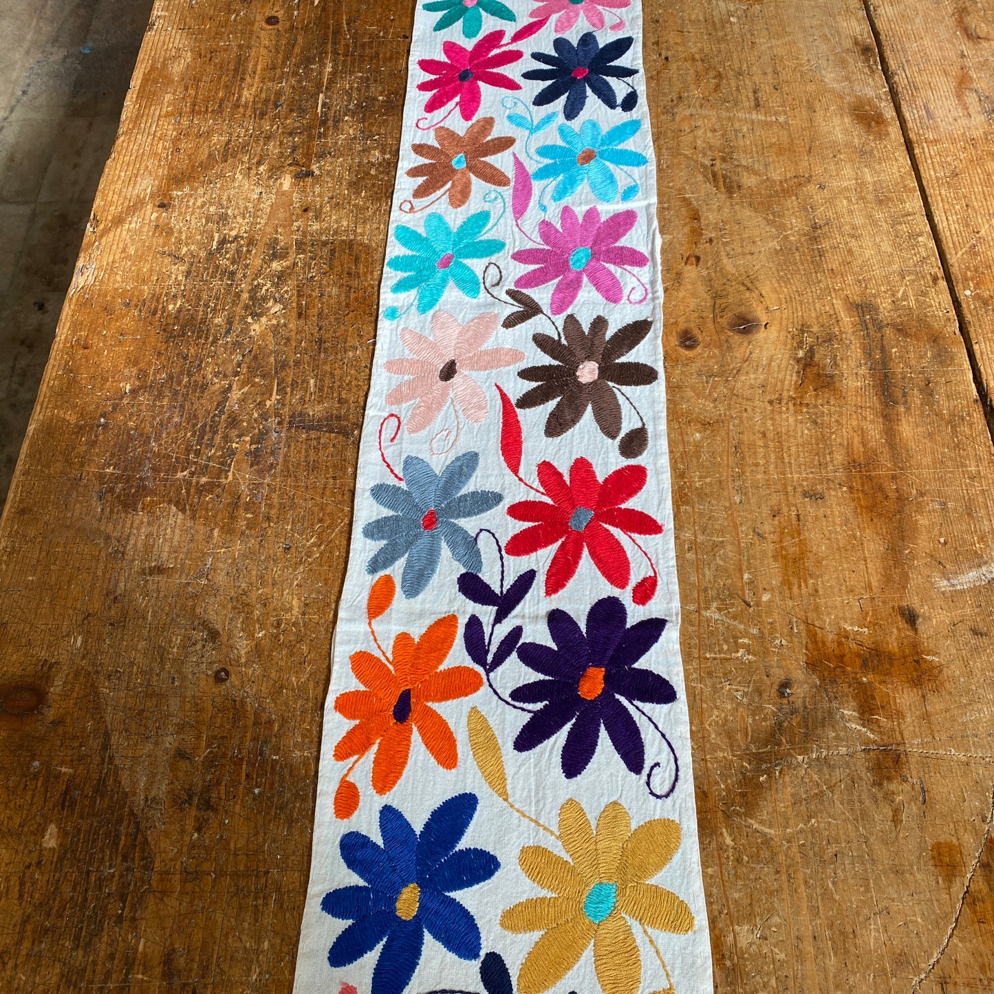 Small Otomi Table Runner- Multicolor Flowers