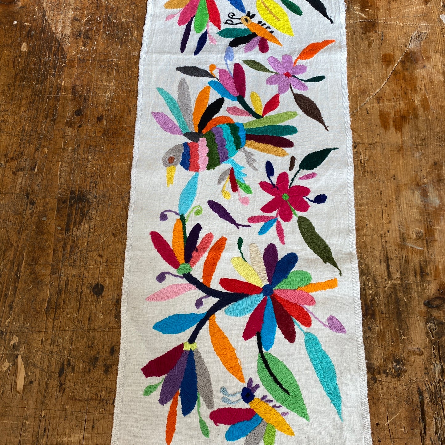 Small Otomi Table Runner- Horizontal Multicolor Flowers and Animals C