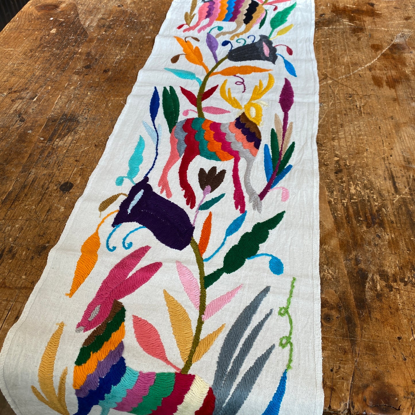 Small Otomi Table Runner- Multicolor Flowers and Animals D