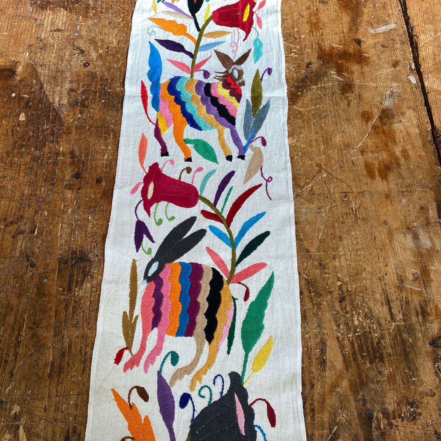 Small Otomi Table Runner- Multicolor Flowers and Animals D