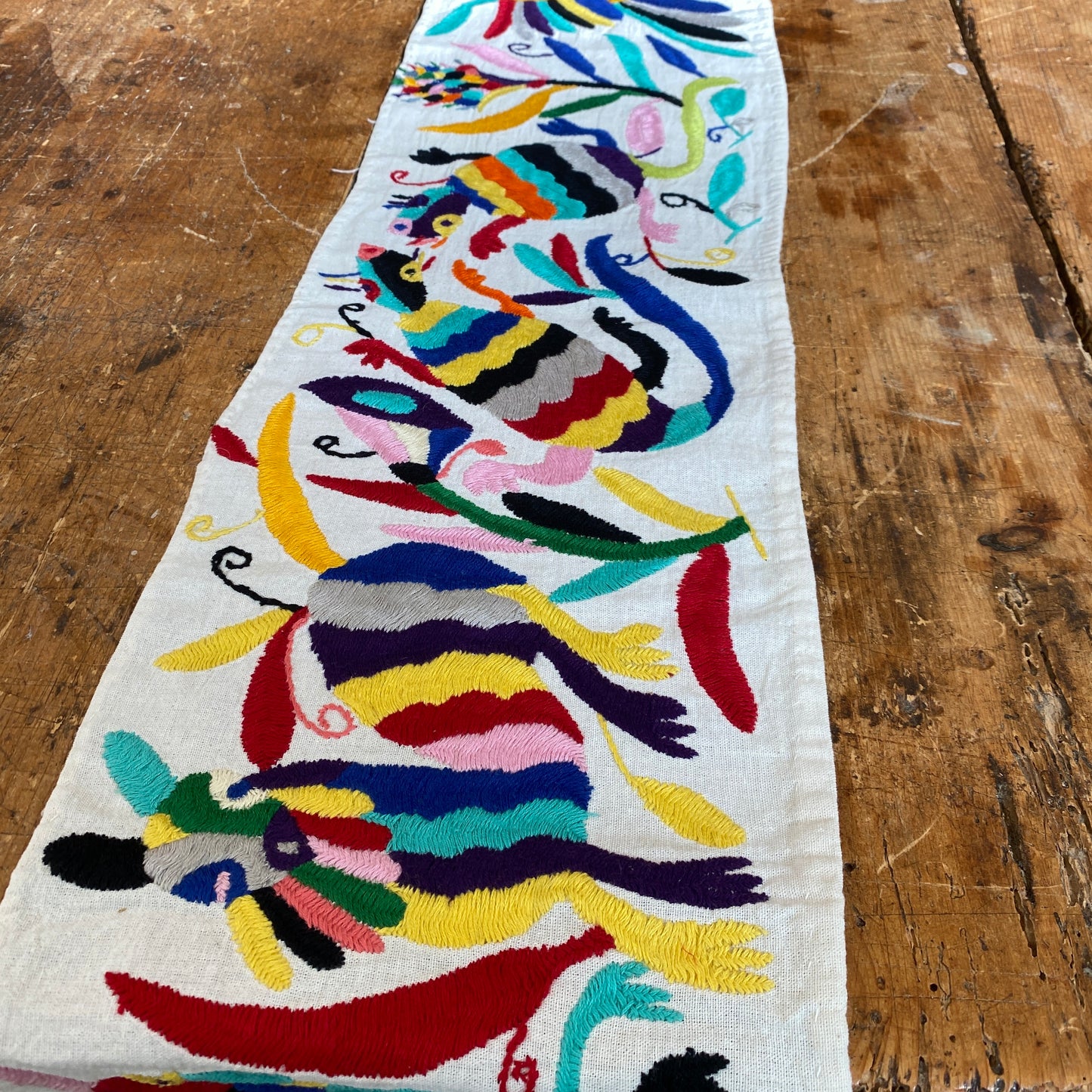 Small Otomi Table Runner- Horizontal Multicolor Flowers and Animals E