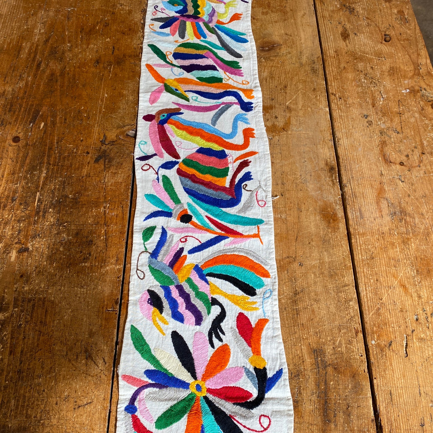 Small Otomi Table Runner- Horizontal Multicolor Flowers and Animals E