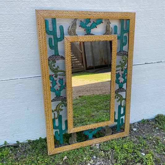 Tin Mirror with Cactus, Lizard, and Coyote Cutouts - Yellow