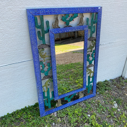 Tin Mirror with Cactus, Lizard, and Coyote Cutouts - Blue