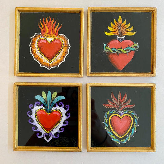 Set of 4 Reverse Glass Painted Coaster - Flaming Heart