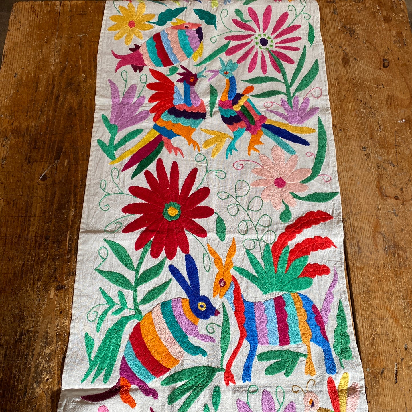 Large Otomi Runner- Multicolor with Flowers and Animals- A