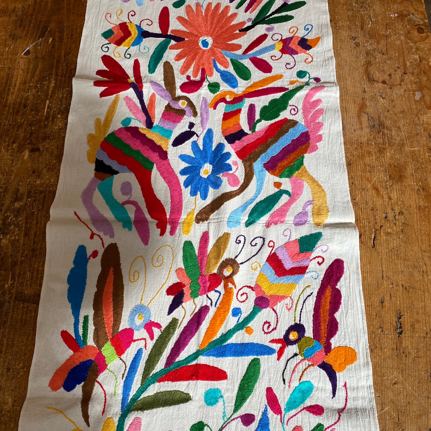 Large Otomi Runner- Multicolor with Flowers and Animals-B