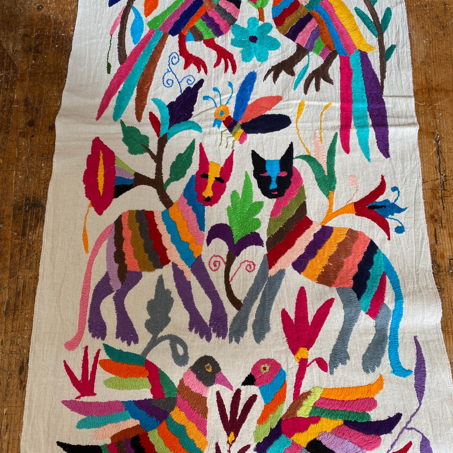 Large Otomi Runner- Multicolor with Flowers and Animals-C