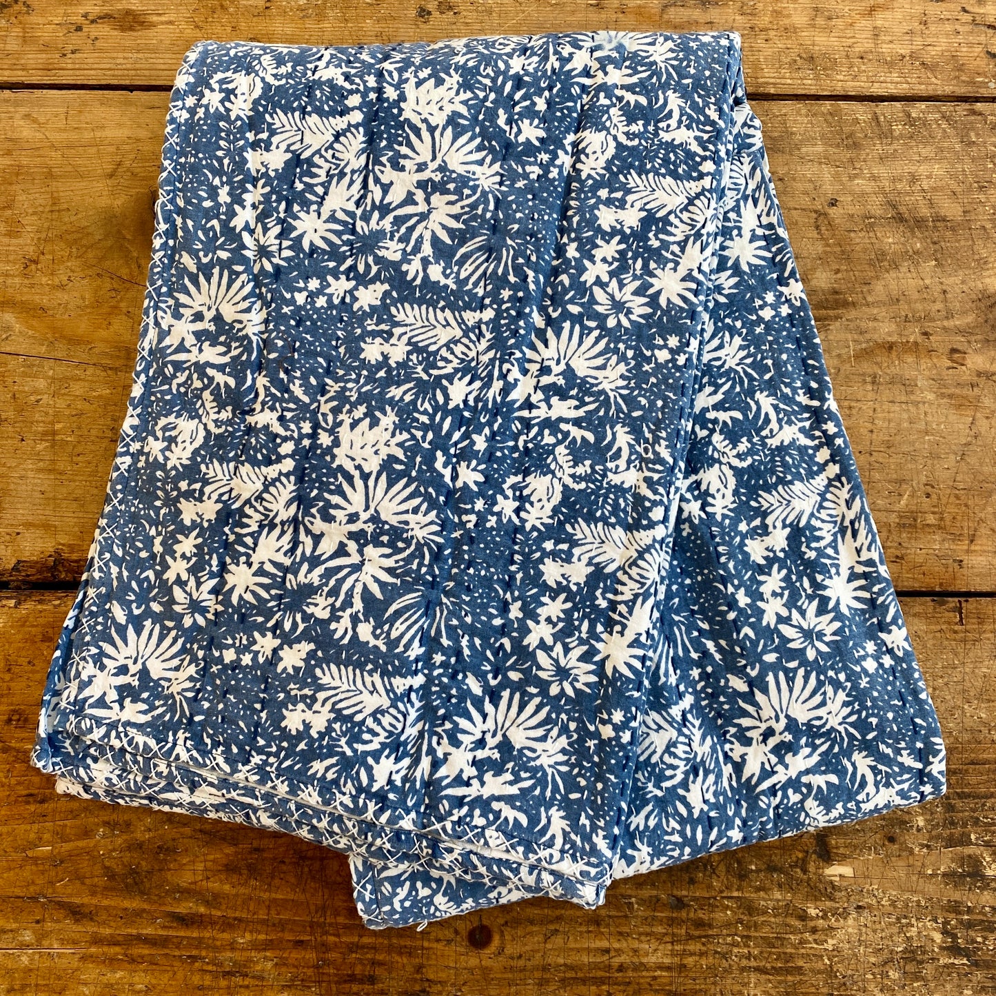 White Flowers Indigo Screen Print Bedspread - Queen