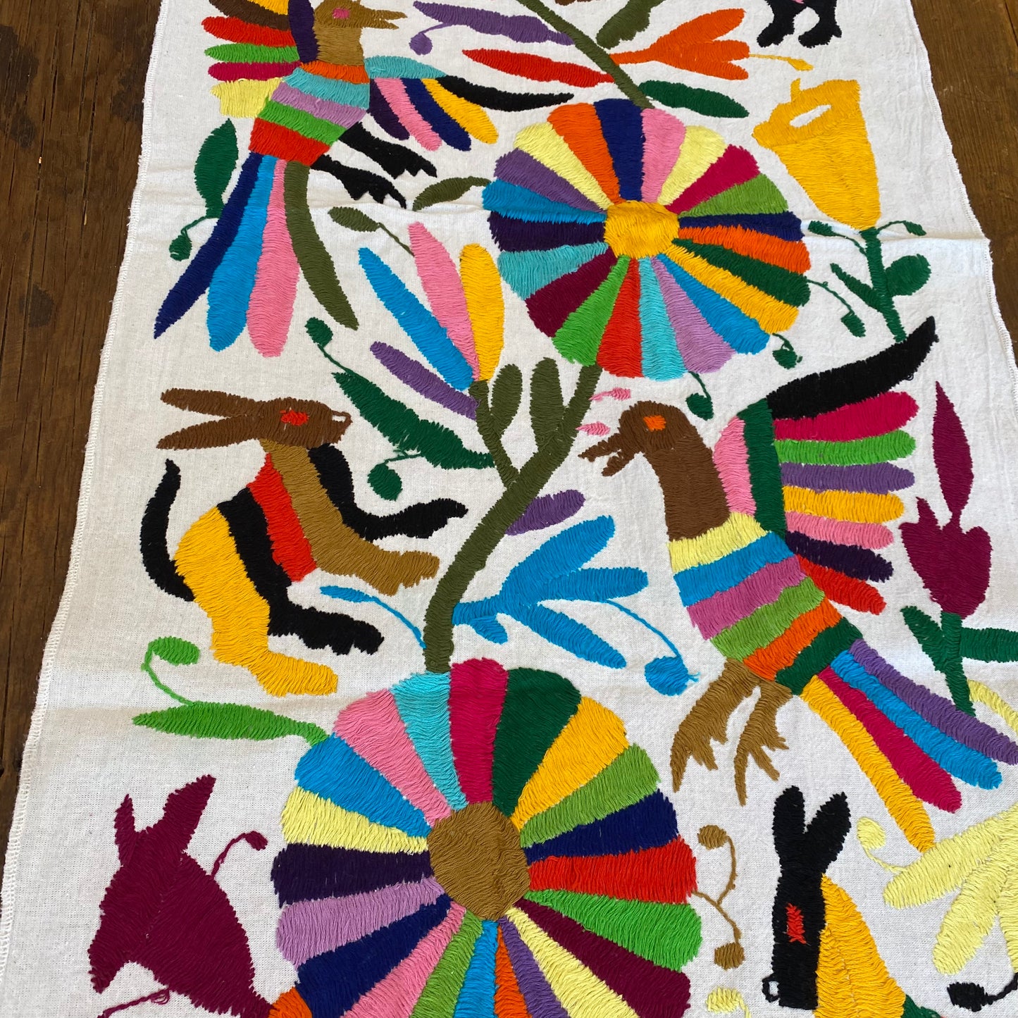 Large Otomi Runner- Multicolor with Flowers and Animals- Q