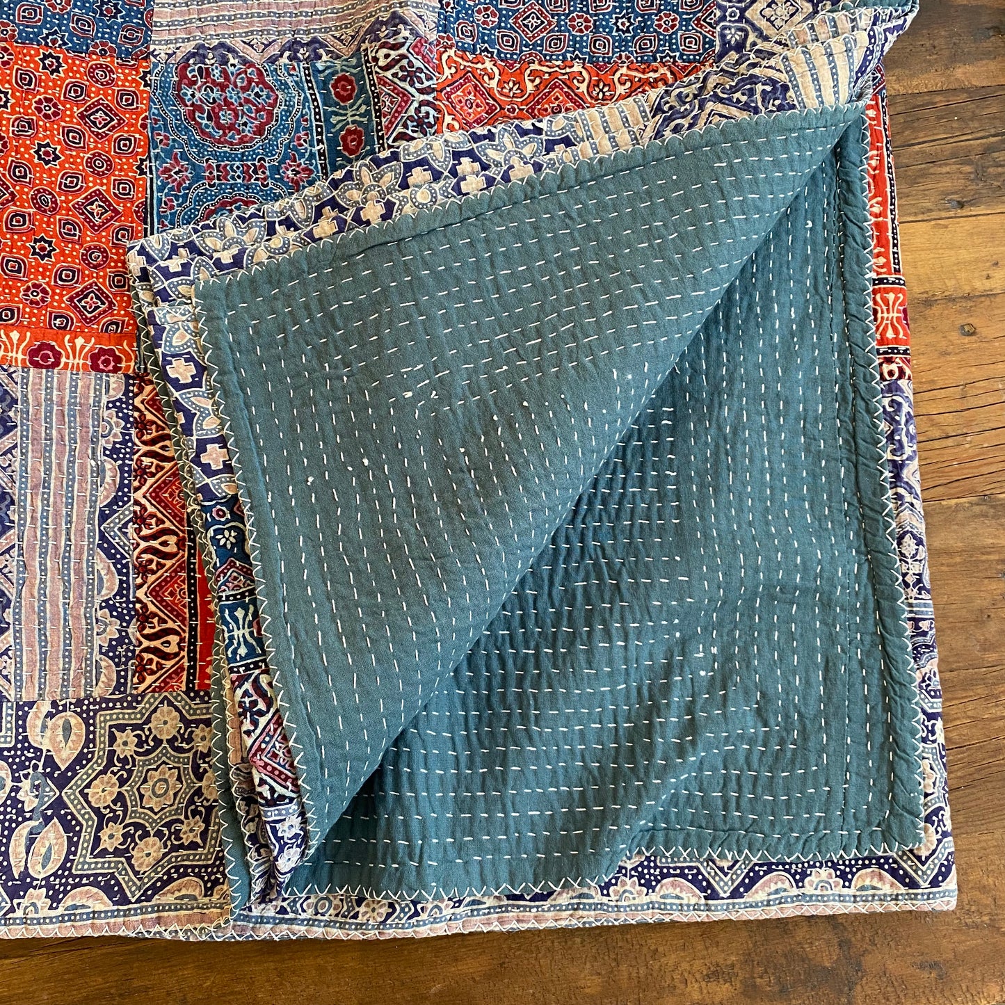 Gudri Patchwork Quilted Bedspread- 90” x 108”- Indigo Blue and Red