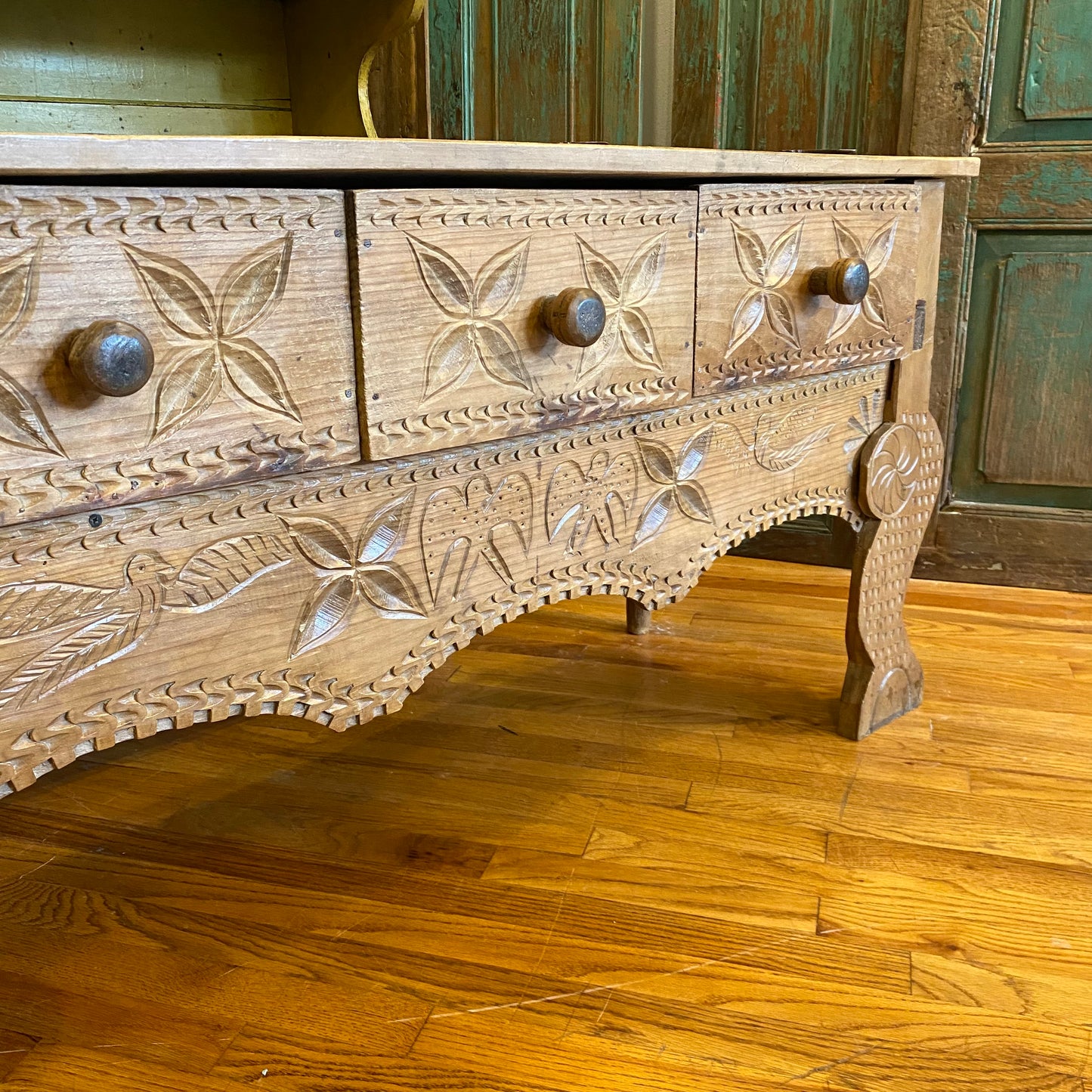 Wooden Console Table with Drawers and Carved Details from Guatemala