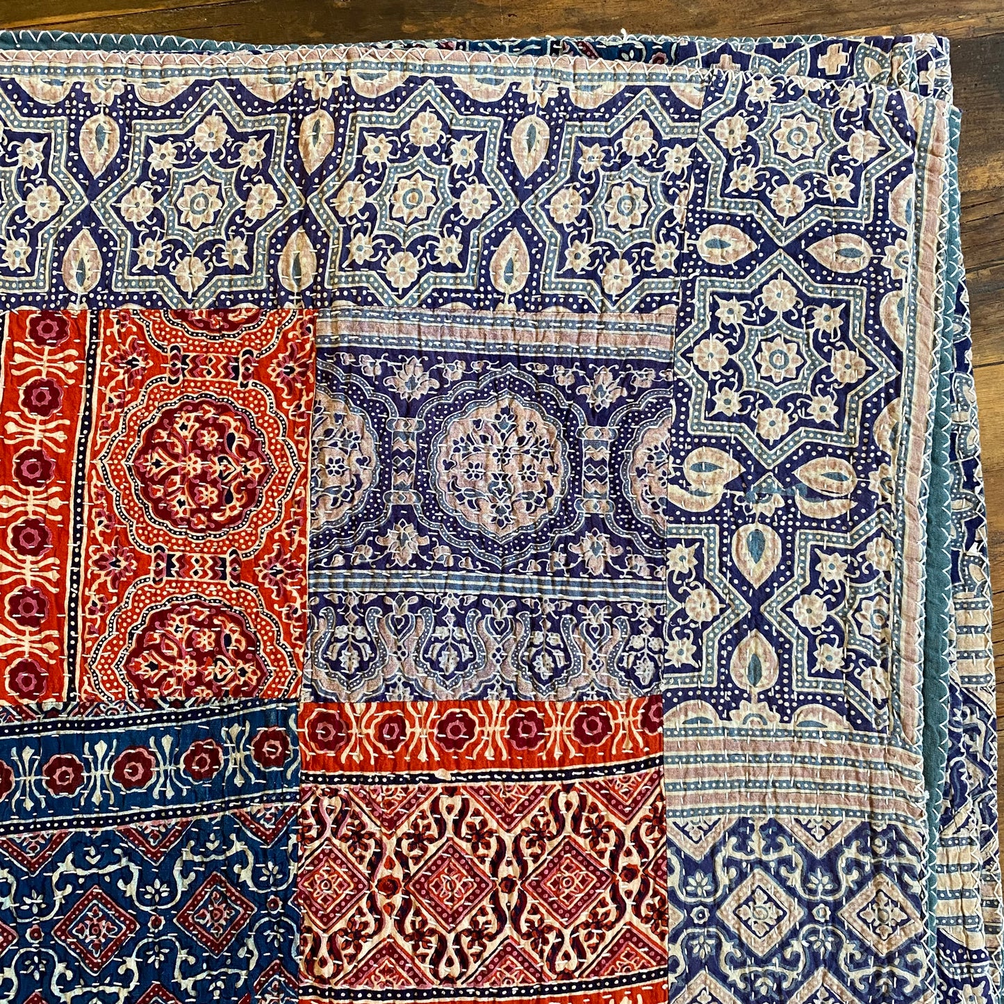 Gudri Patchwork Quilted Bedspread- 90” x 108”- Indigo Blue and Red