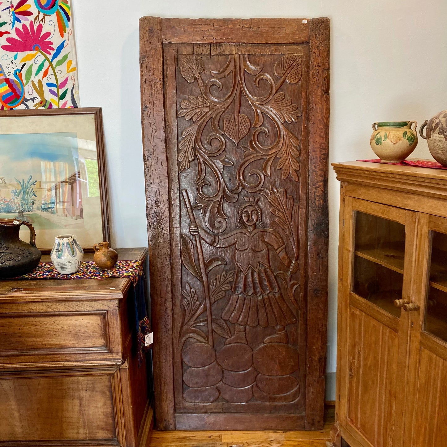 Large Carved Wooden Door from Guatemala- Native Man and Leaves