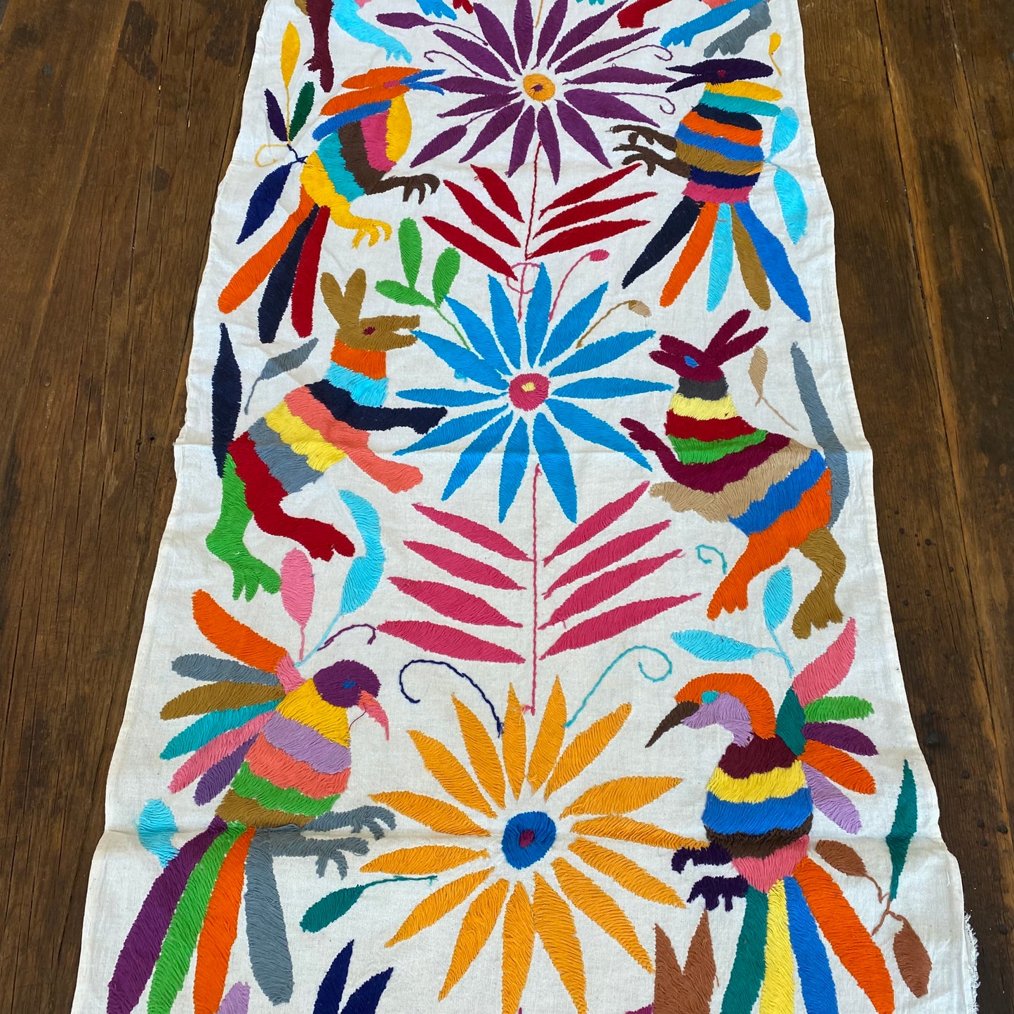 Large Otomi Runner- Multicolor with Flowers and Animals- G