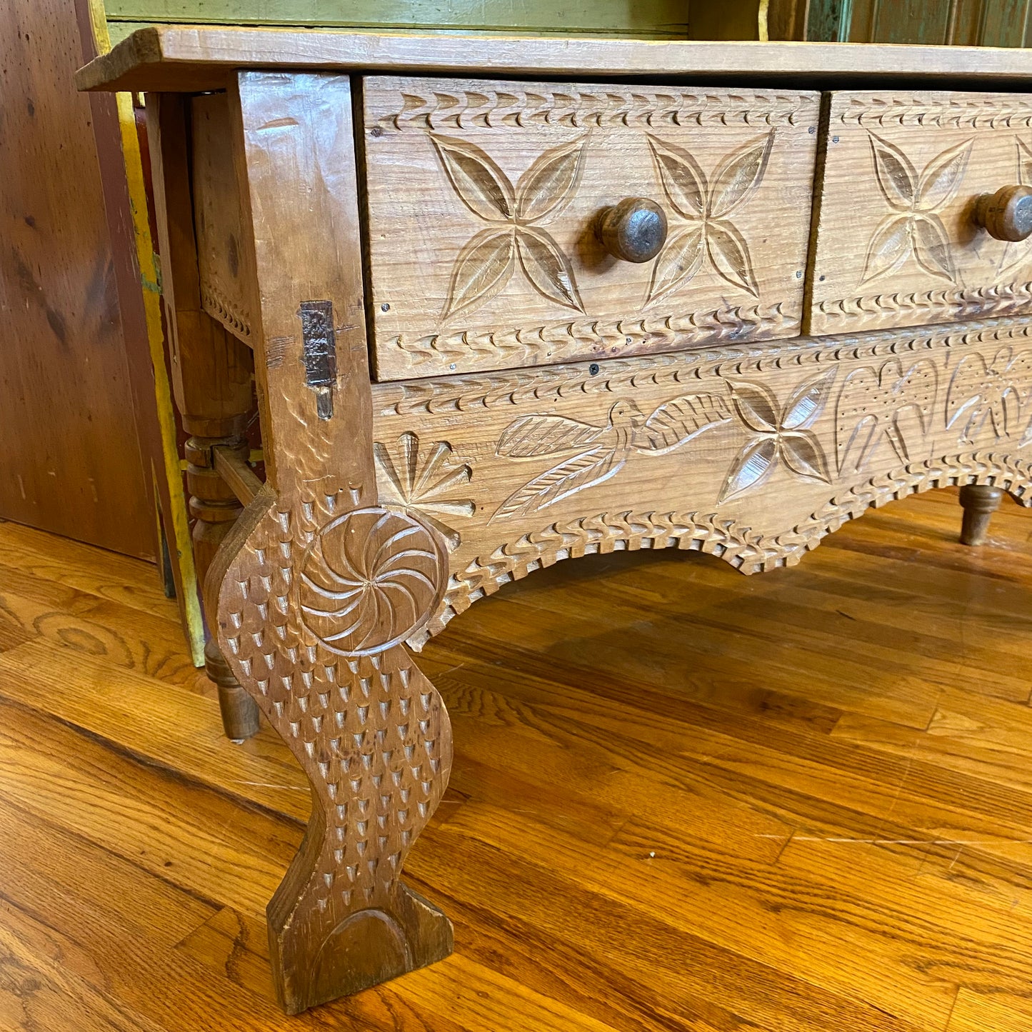 Wooden Console Table with Drawers and Carved Details from Guatemala