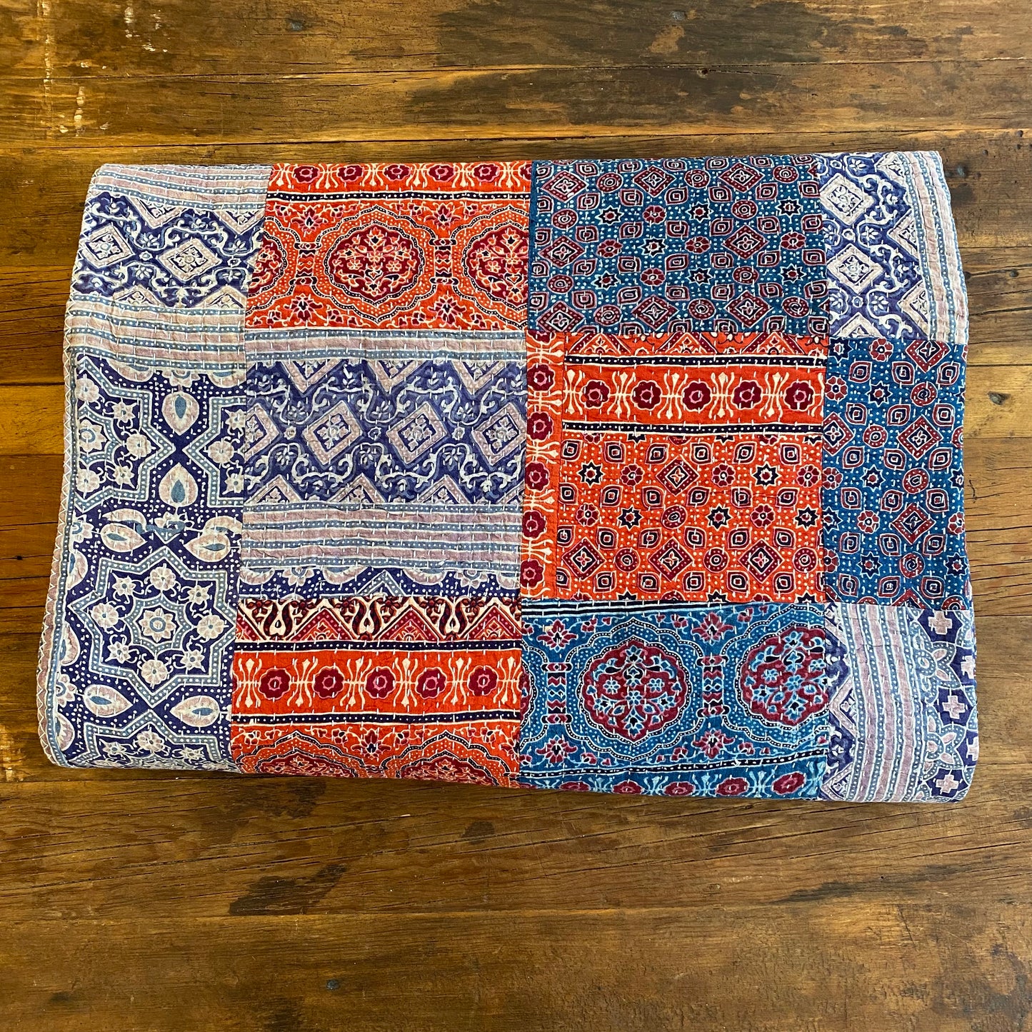 Gudri Patchwork Quilted Bedspread- 90” x 108”- Indigo Blue and Red