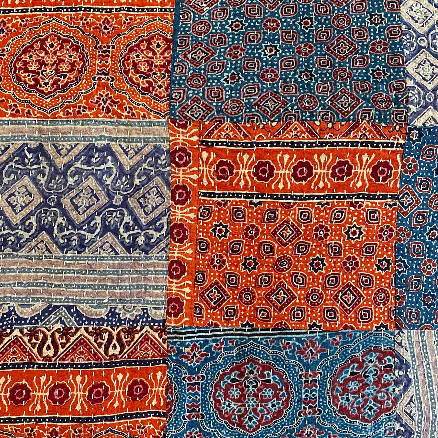 Gudri Patchwork Quilted Bedspread- 90” x 108”- Indigo Blue and Red