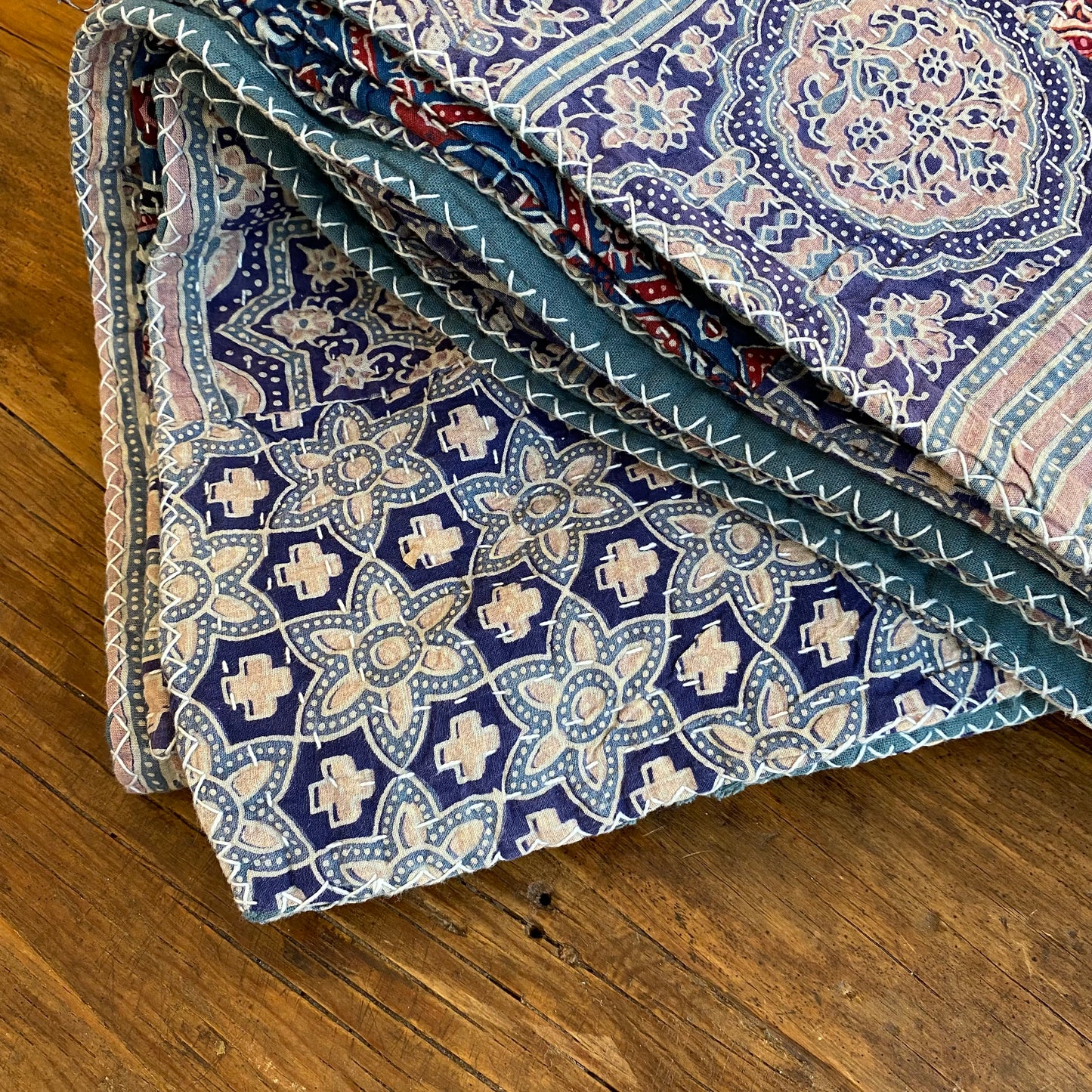 Gudri Patchwork Quilted Bedspread- 90” x 108”- Indigo Blue and Red