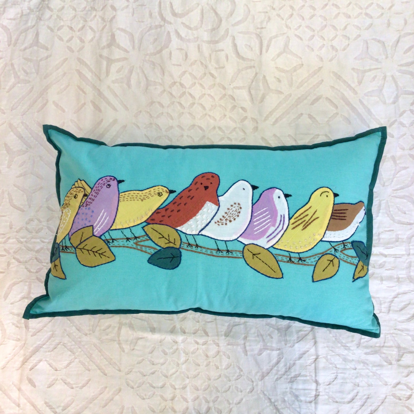 Birds on a Limb Pillow—Aqua
