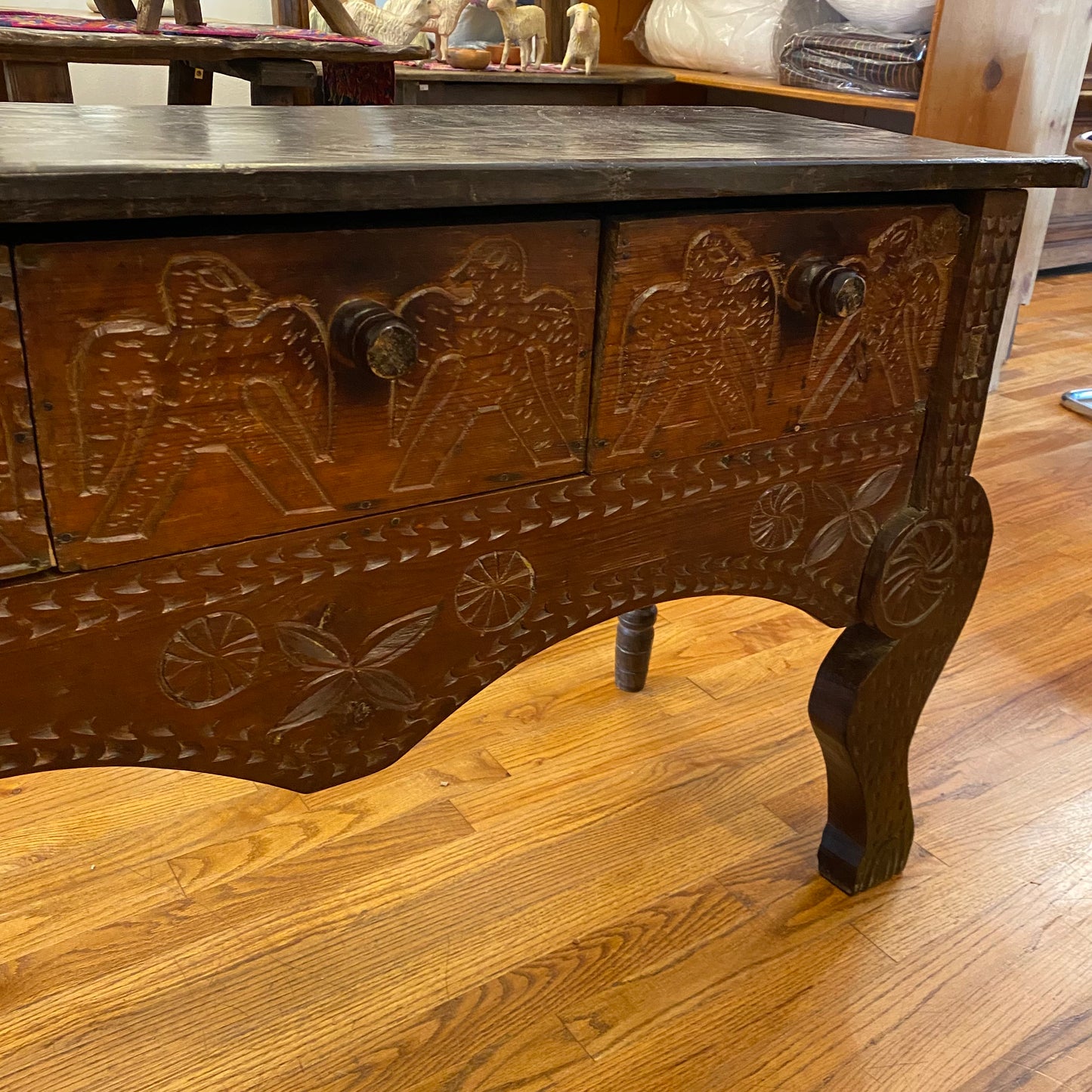 Wooden Console Table with Drawers and Carved Detail from Guatemala