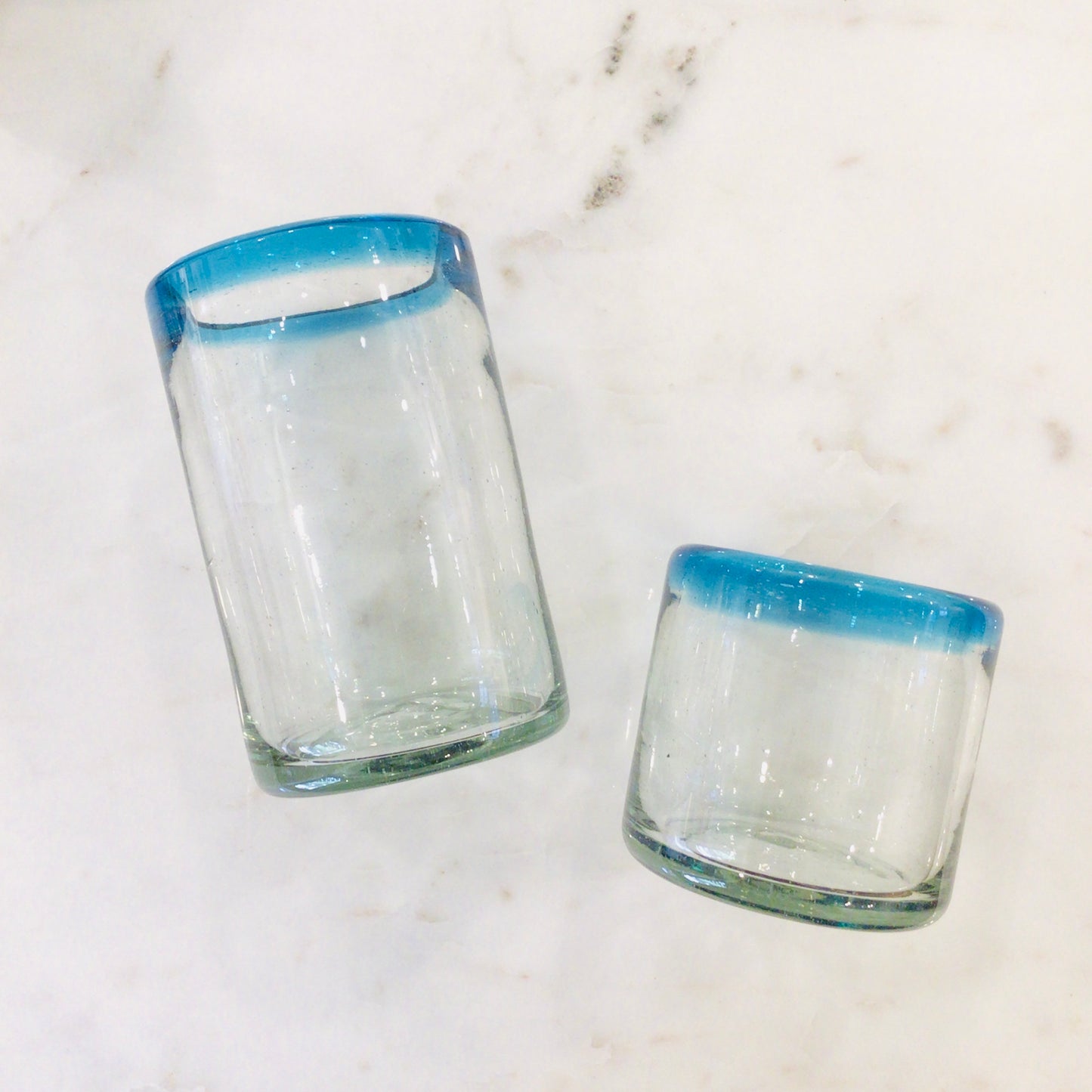 Short Mexican Glass Tumbler - Teal Rim