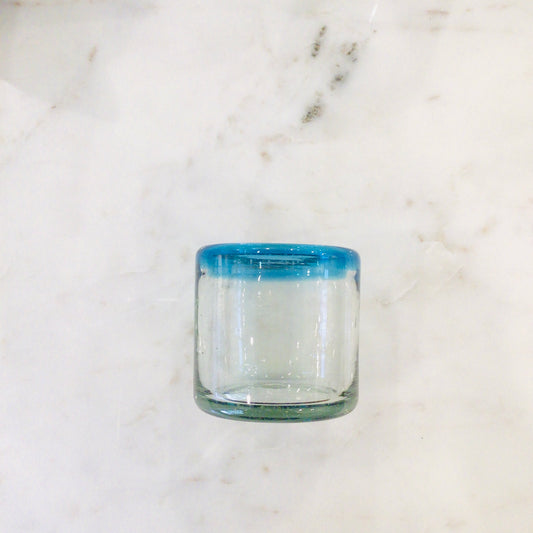 Short Mexican Glass Tumbler - Teal Rim