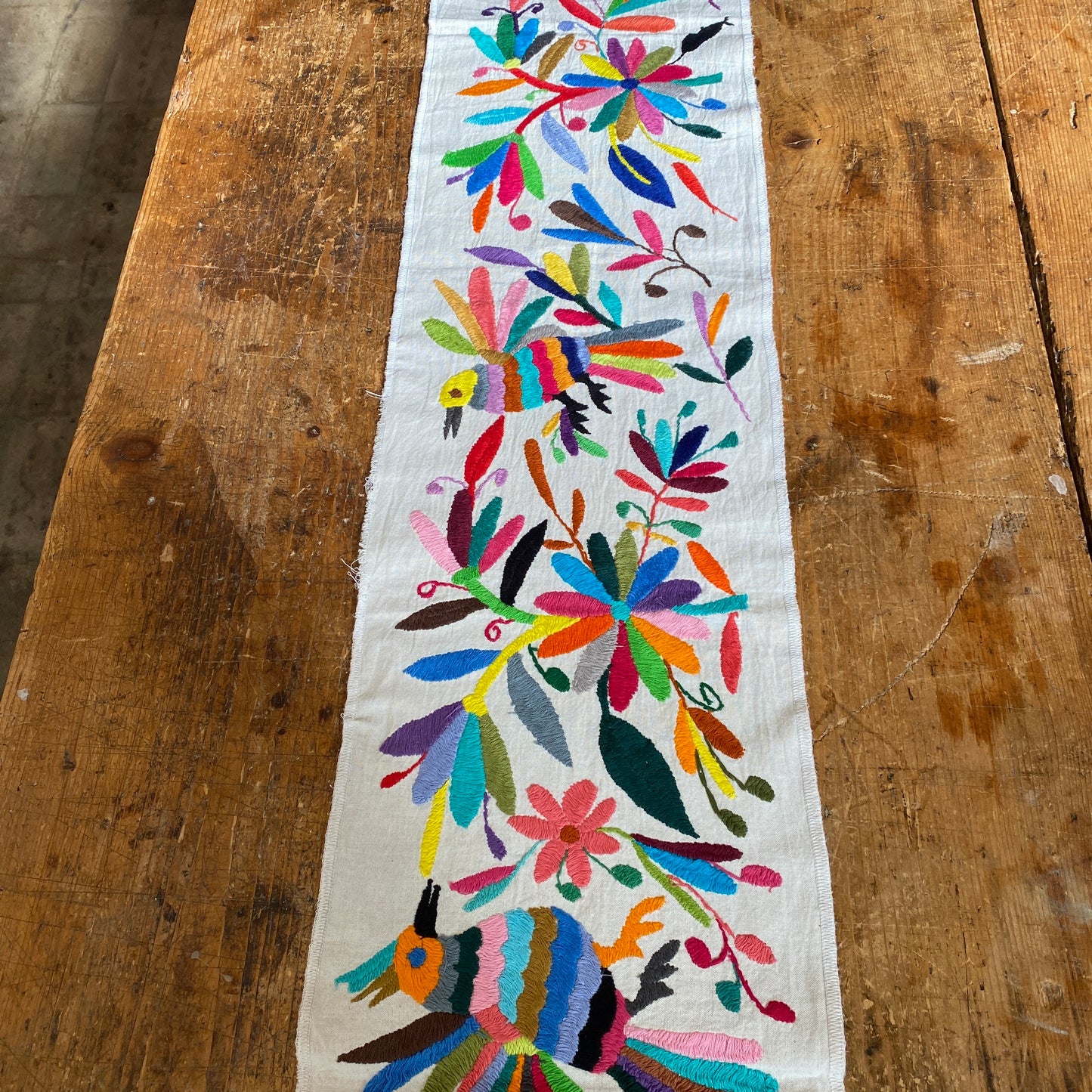 Small Otomi Table Runner- Horizontal Multicolor Flowers and Animals C