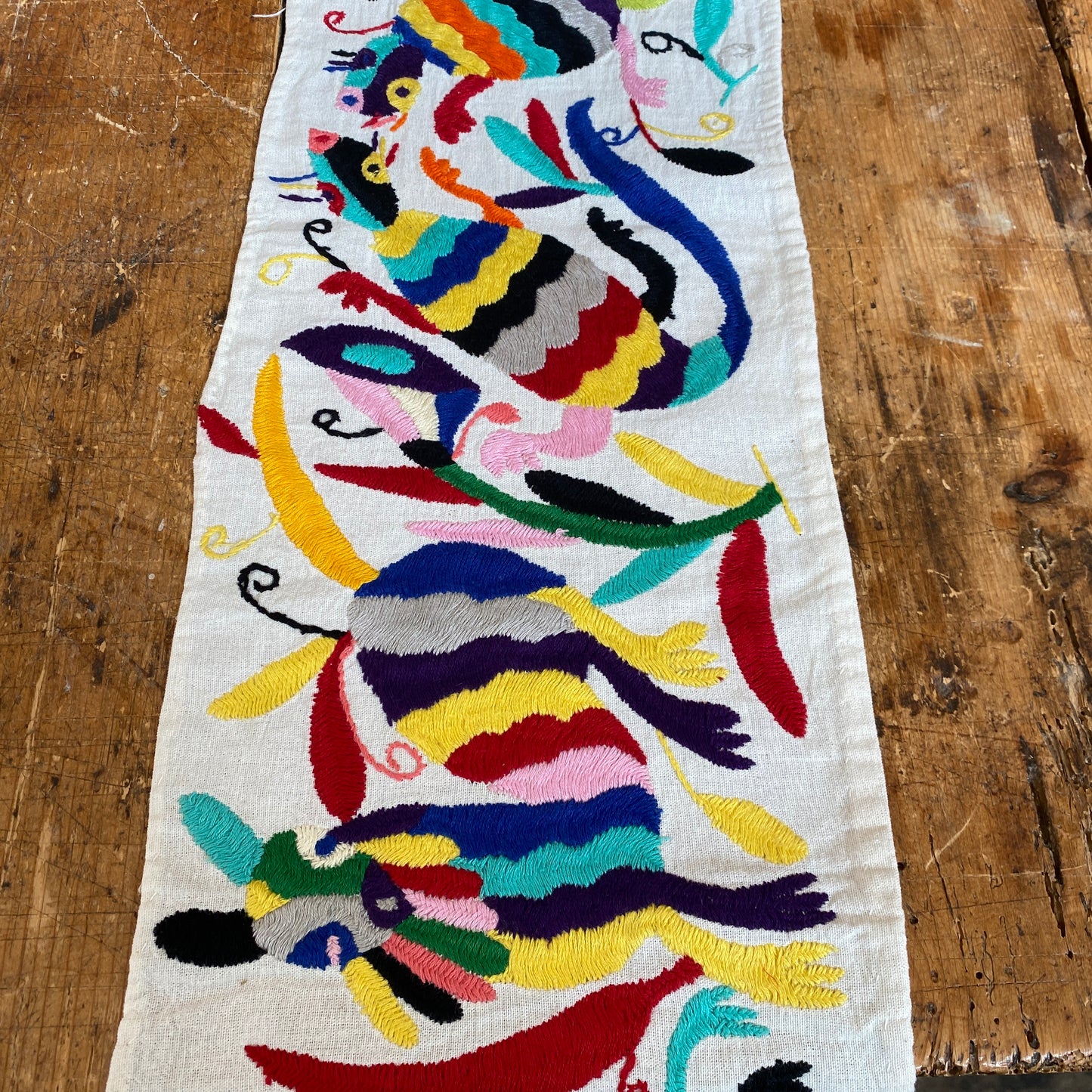 Small Otomi Table Runner- Horizontal Multicolor Flowers and Animals E