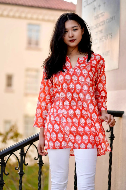 Orange Hydrangea Bloom Cotton Tunic