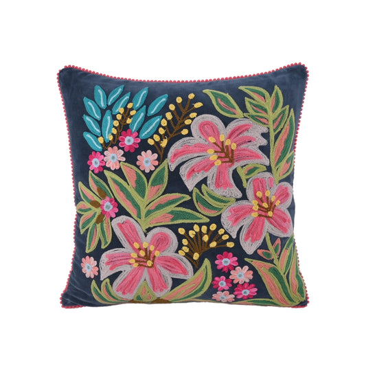 Dark Blue and Pink Floral Pillow