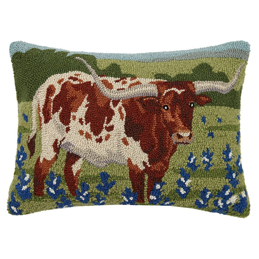 Longhorn in Blue Bonnets Field Pillow