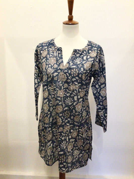 Navy Taupe Floral Cotton Tunic
