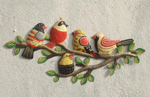 Haitian Metal Painted Birds on Branch