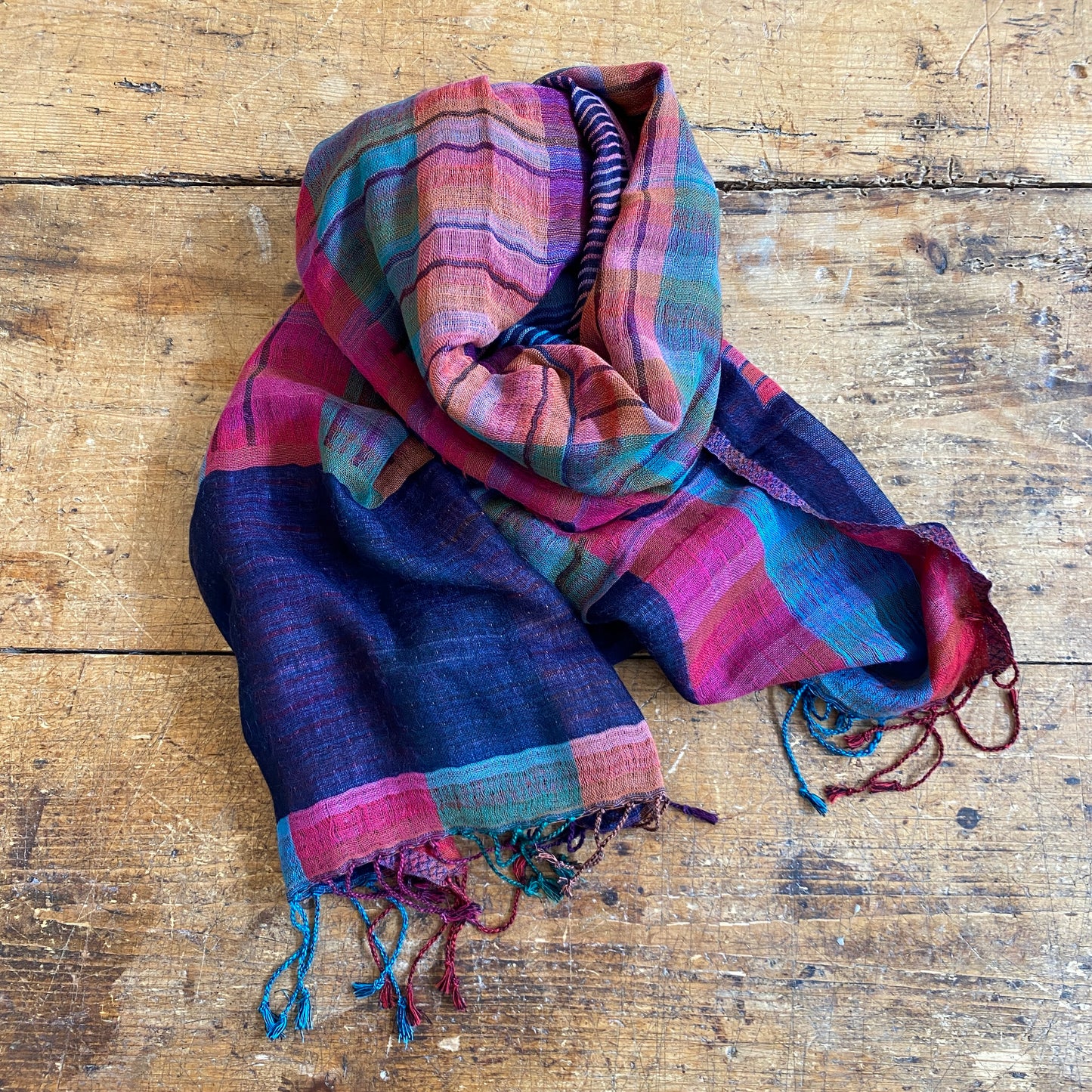 Navy and Magenta Jacquard Wool Blend Scarf