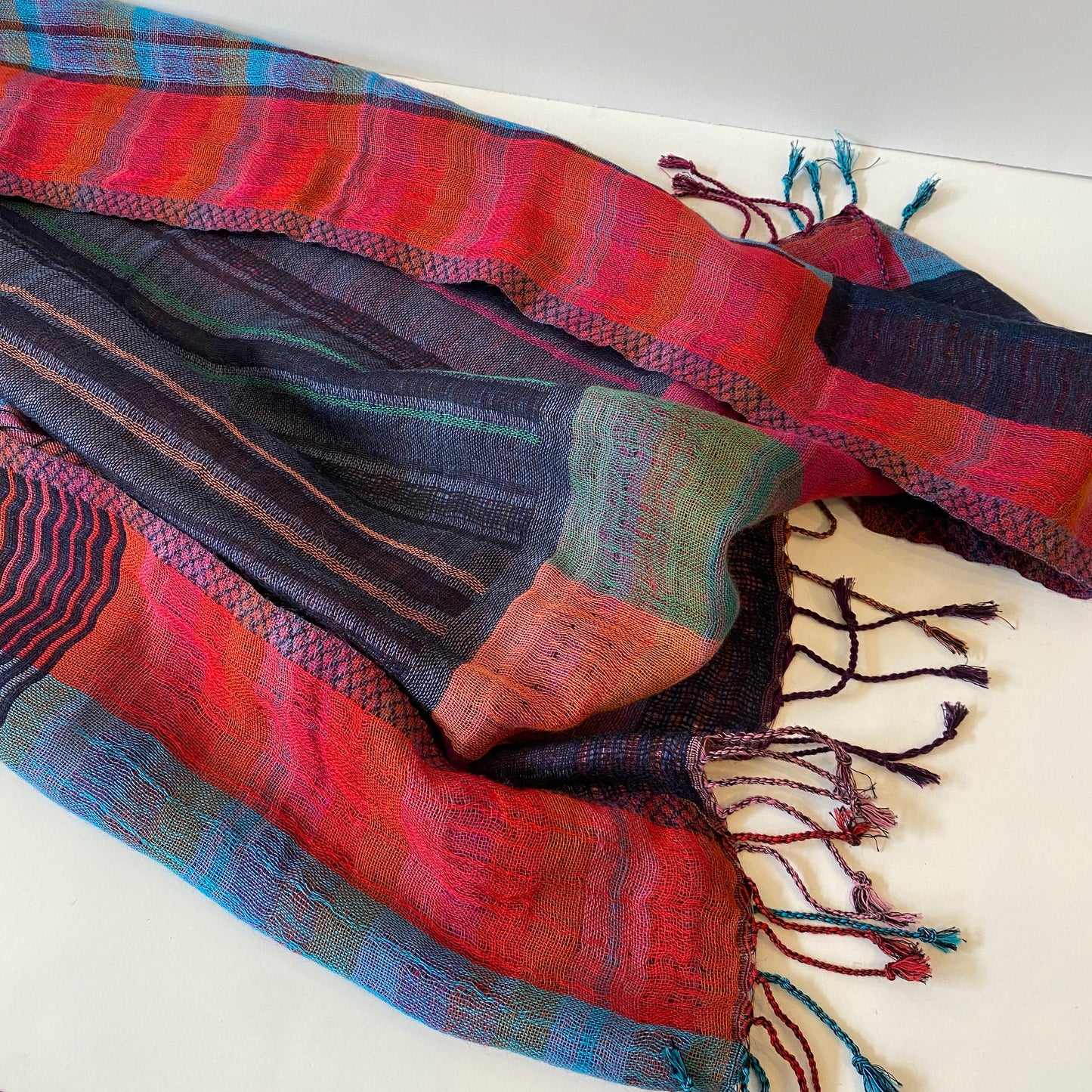 Navy and Magenta Jacquard Wool Blend Scarf