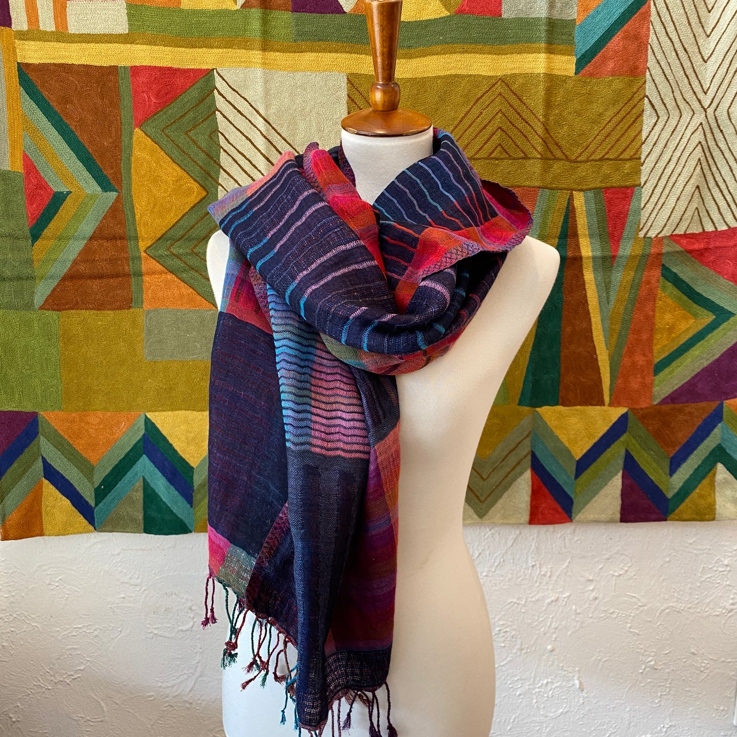 Navy and Magenta Jacquard Wool Blend Scarf