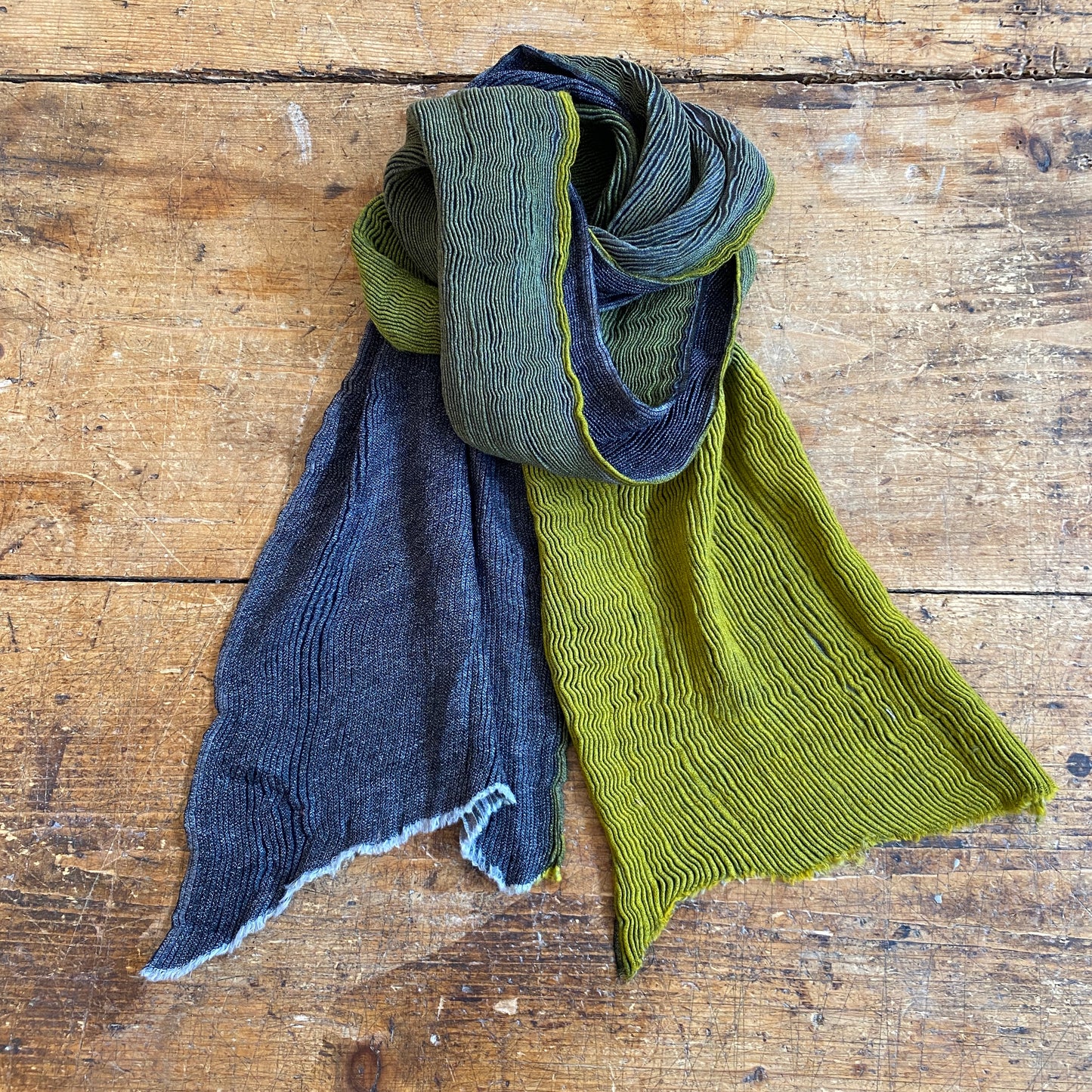 Accordion Style Green and Gray Wool Scarf