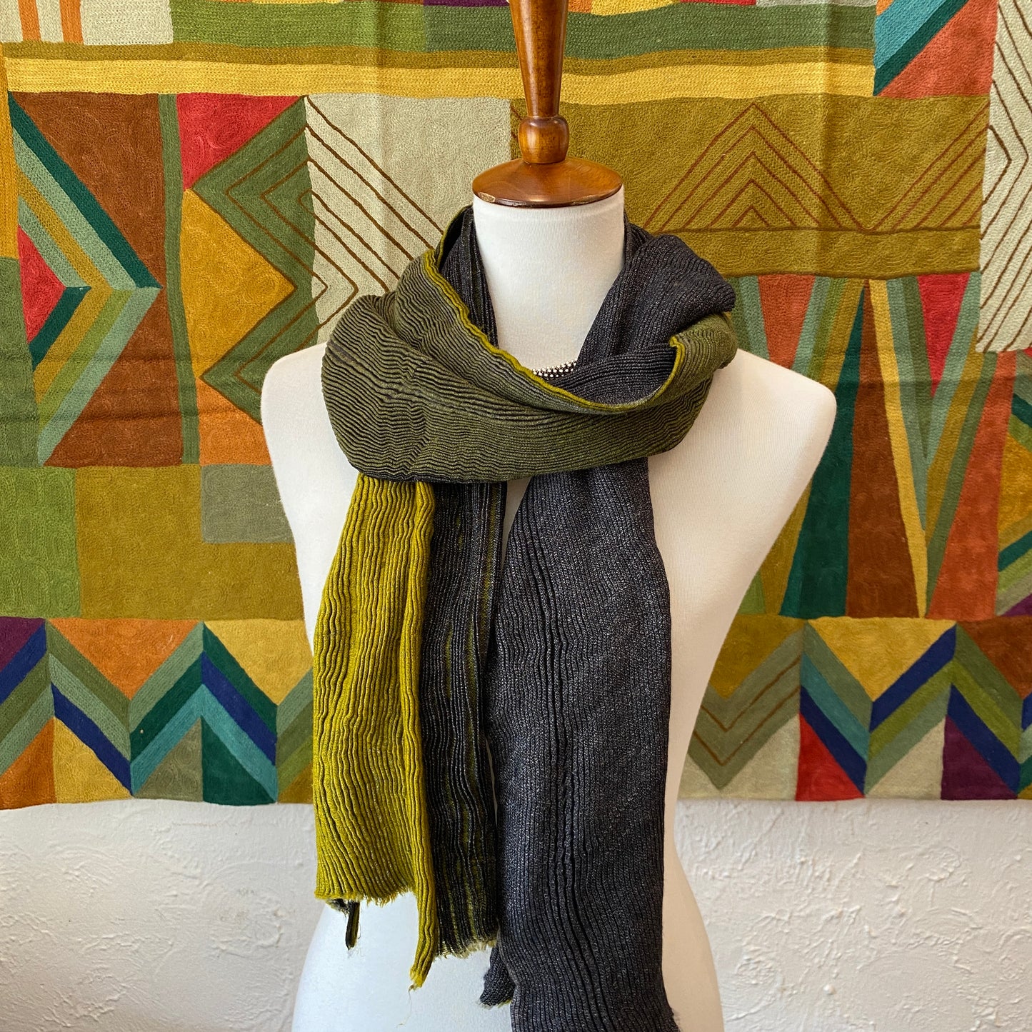 Accordion Style Green and Gray Wool Scarf