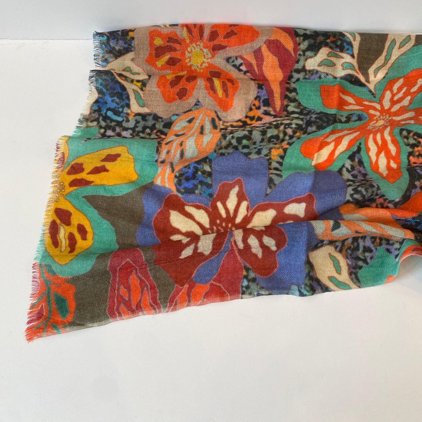 Emerald Plum Floral Wool Silk Blend Scarf