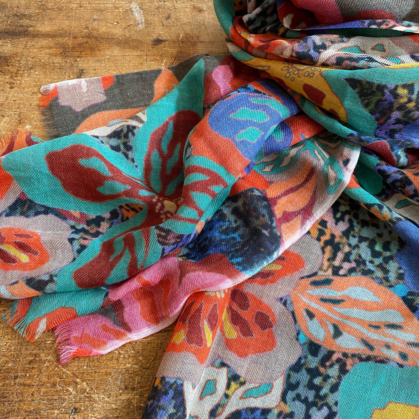 Emerald Plum Floral Wool Silk Blend Scarf