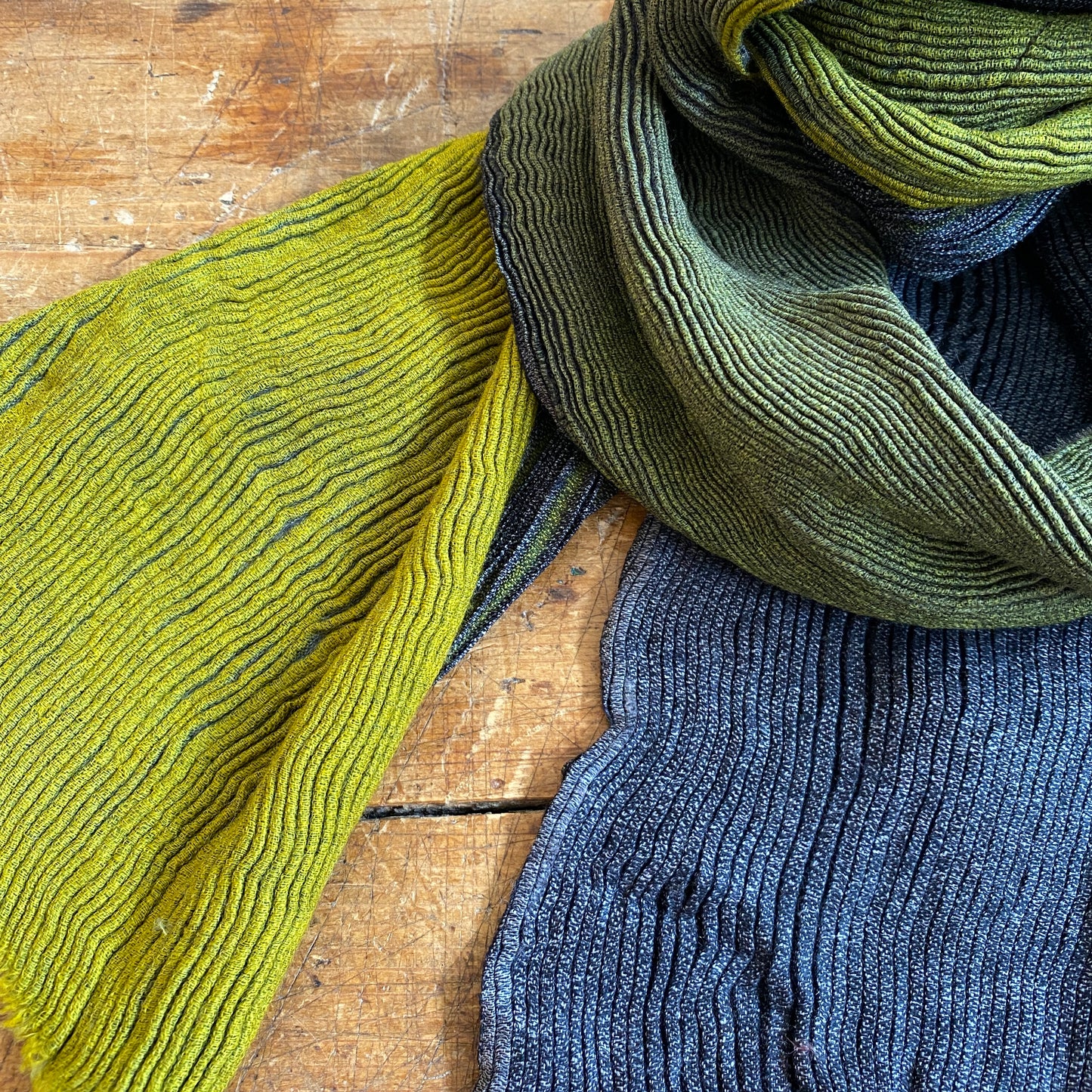 Accordion Style Green and Gray Wool Scarf