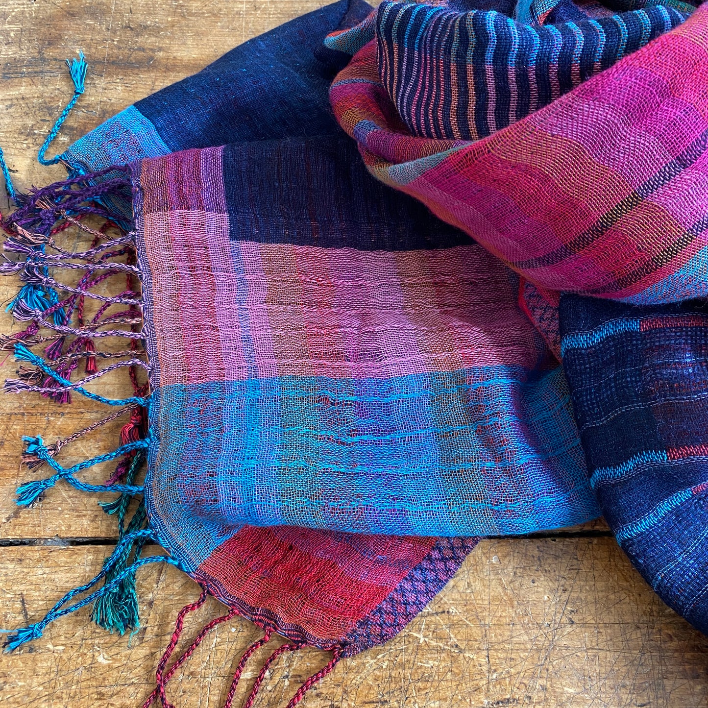 Navy and Magenta Jacquard Wool Blend Scarf