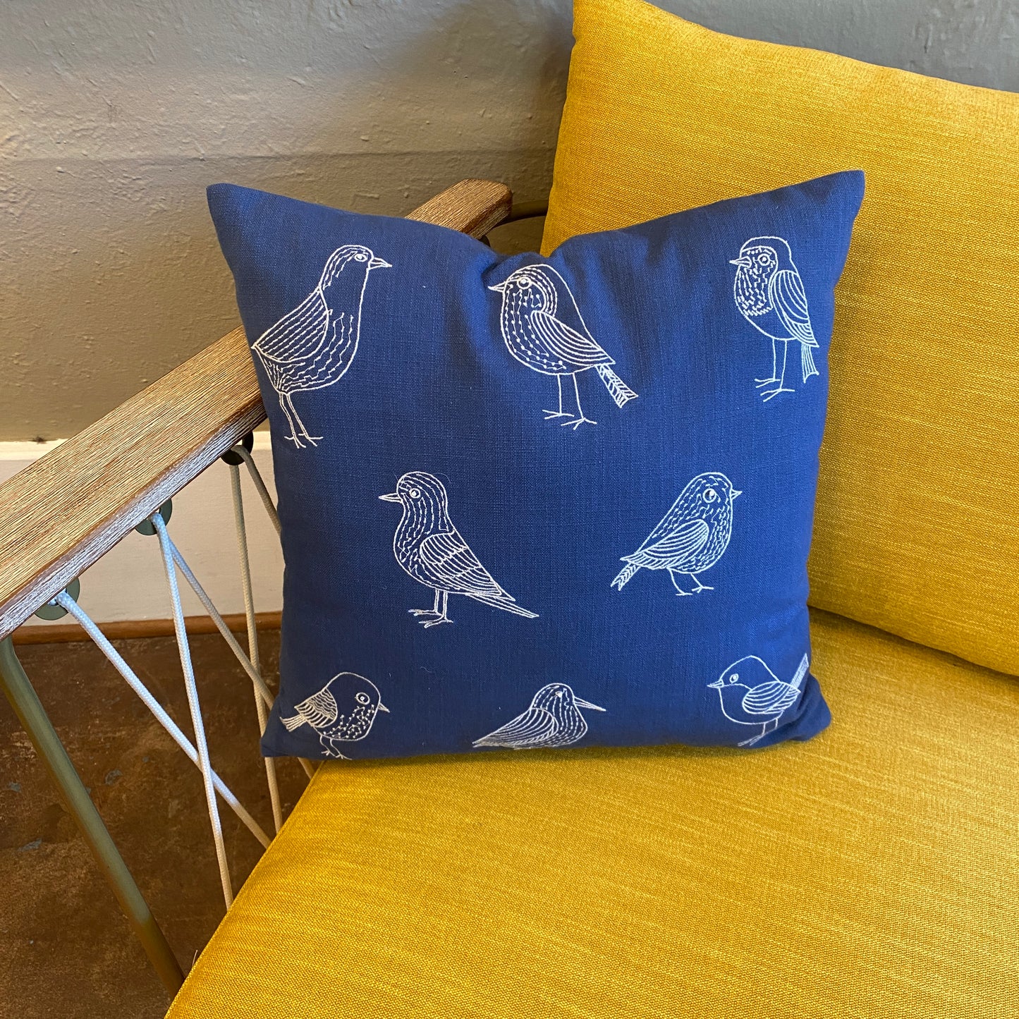 Navy Embroidered Bird Pillow