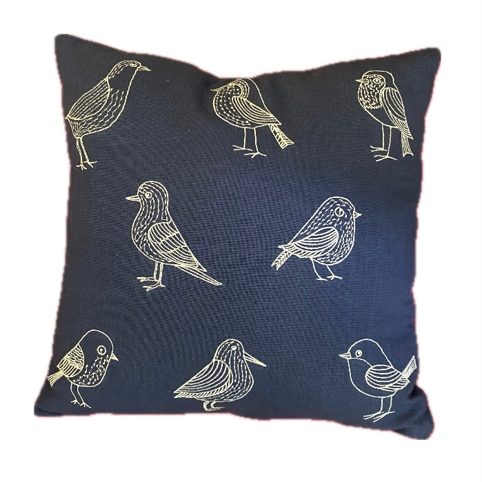 Navy Embroidered Bird Pillow