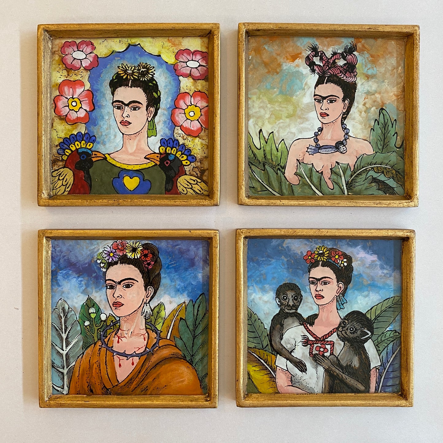 Set of 4 Reverse Glass Painted Coaster - Frida Kahlo